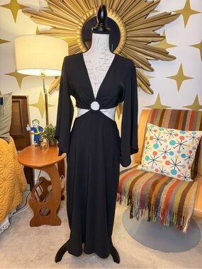 Goth/Boho Black Maxi Dress with Center Ring Cutout And Bell Sleeves
